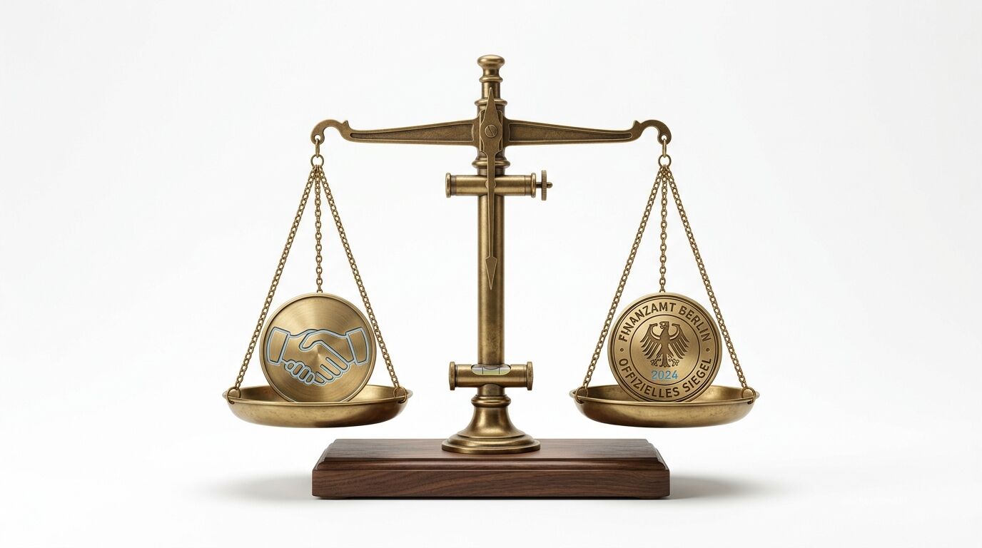Goldene Waage mit Münzen: links Händedruck-Symbol, rechts Siegel