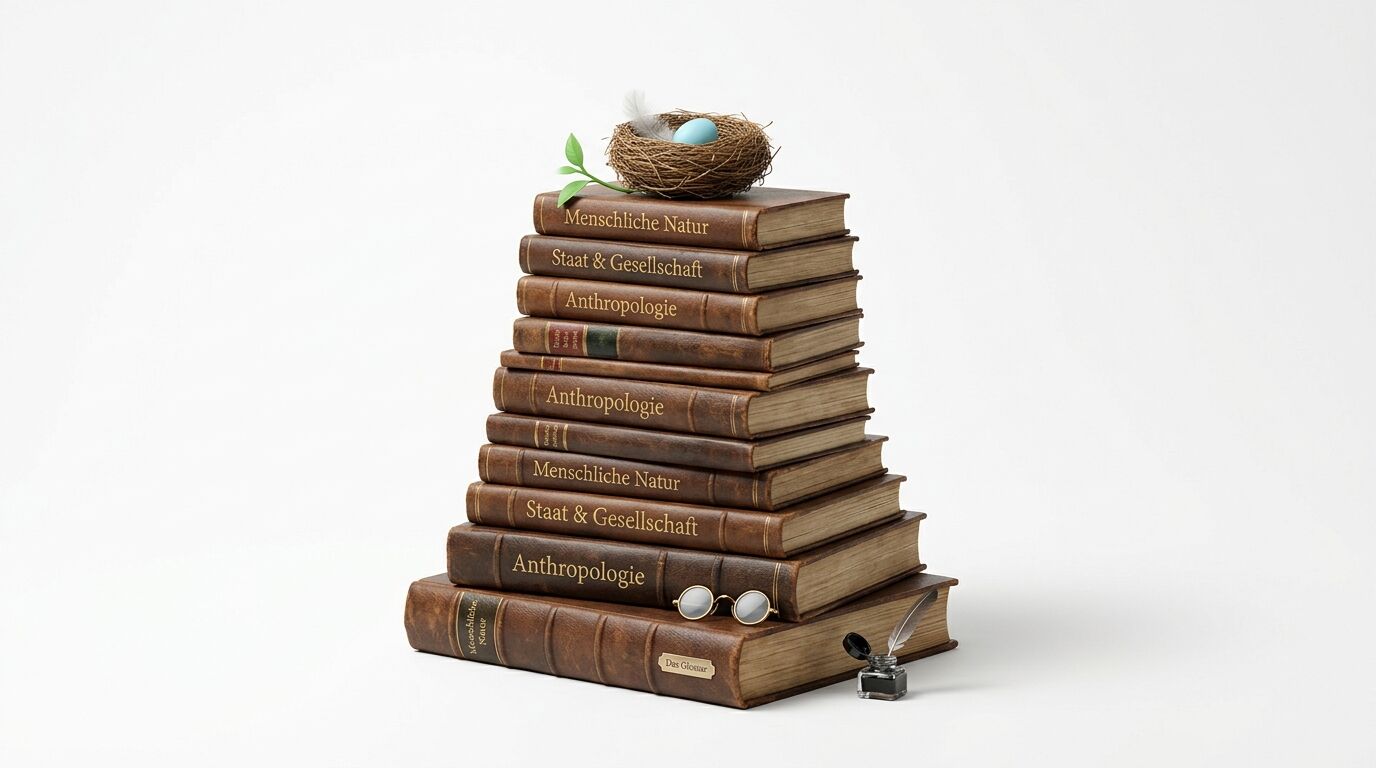 Bücherstapel mit Nest, Ei, Brille, Tintenfass und Feder vor weißem Hintergrund