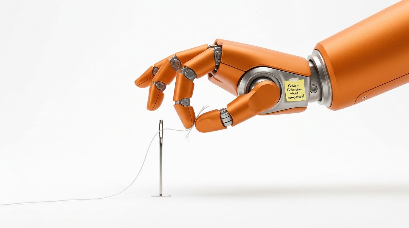 Orangefarbene Roboterhand mit Notiz „Fehler...“ fädelt Faden neben Nadelöhr vorbei