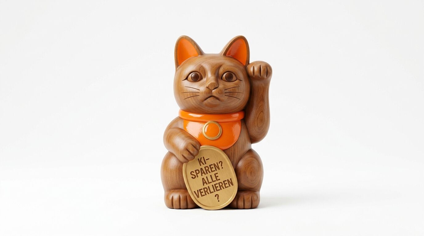 Holzfigur einer winkenden Katze mit goldener Medaille, darauf Text. Weißer Hintergrund
