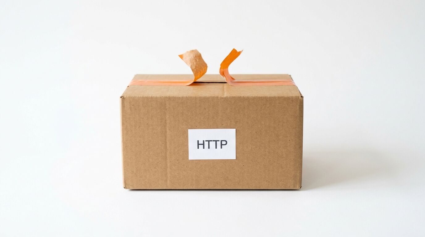 Pappkarton mit HTTP-Etikett und gelöstem, orangem Klebeband auf weißem Grund