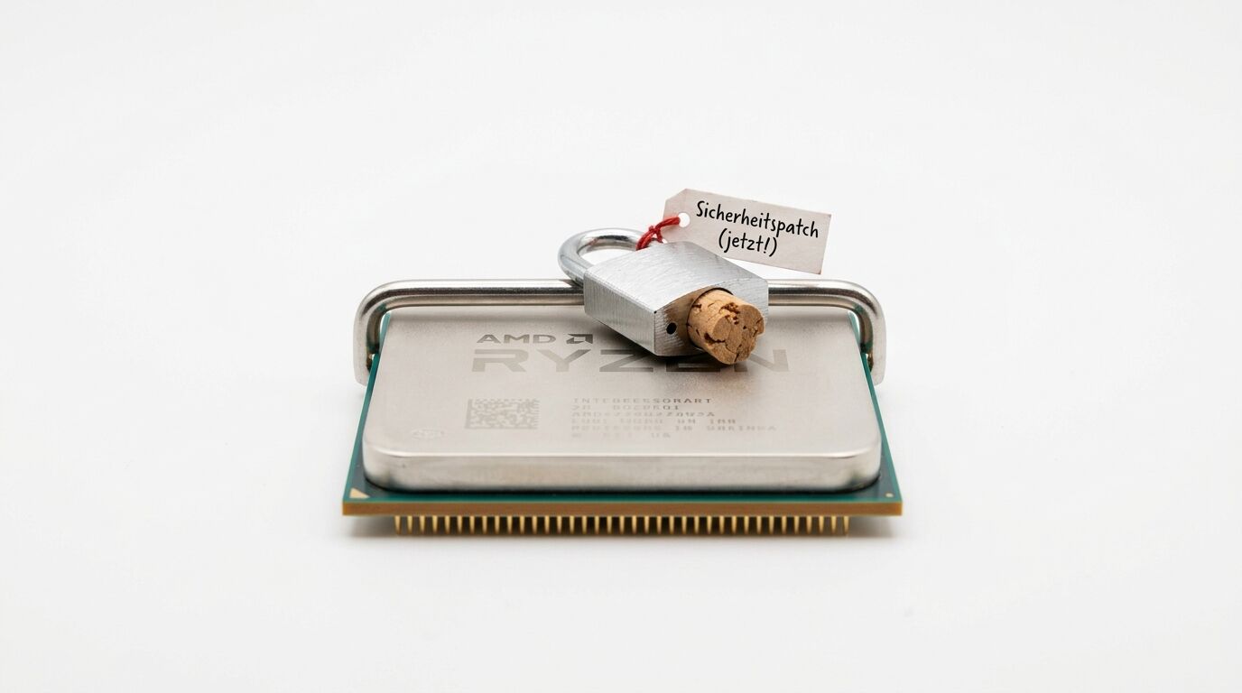 Ein AMD-Ryzen-Prozessor mit Schloss, Korkstopfen im Schlüsselloch und Etikett „Sicherheitspatch (jetzt!)“ auf Weiß