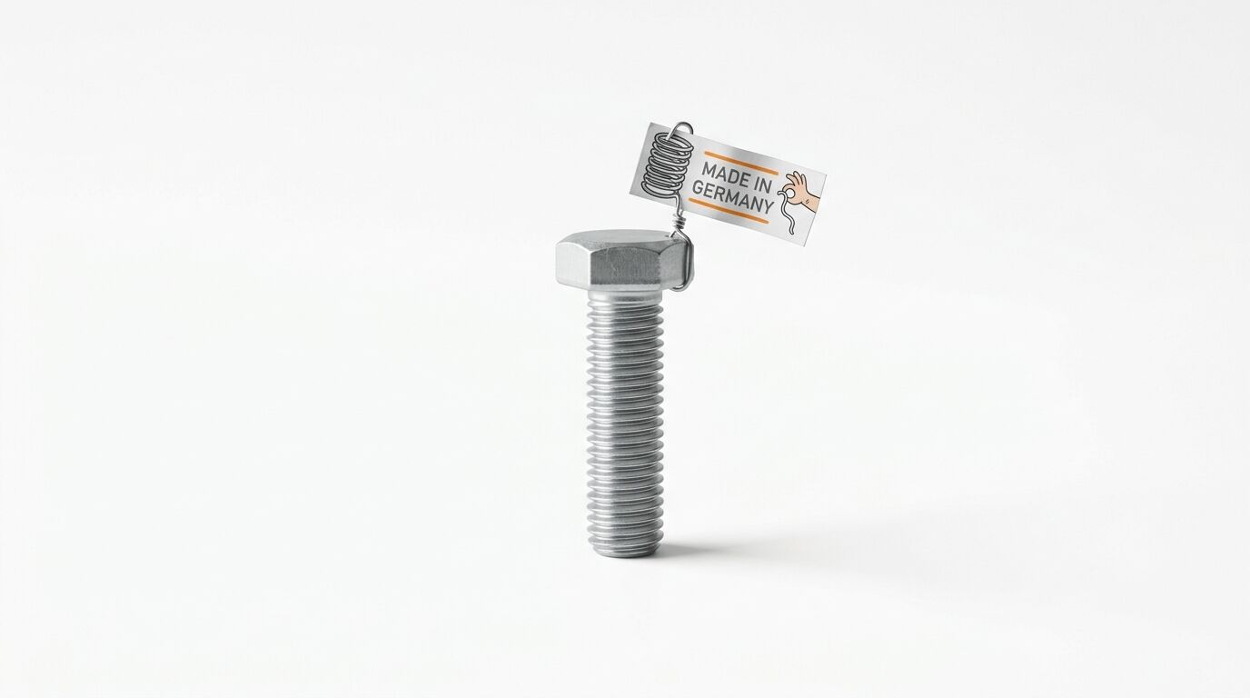 Silberne Sechskantschraube mit Feder und Etikett „MADE IN GERMANY“ auf Weiß
