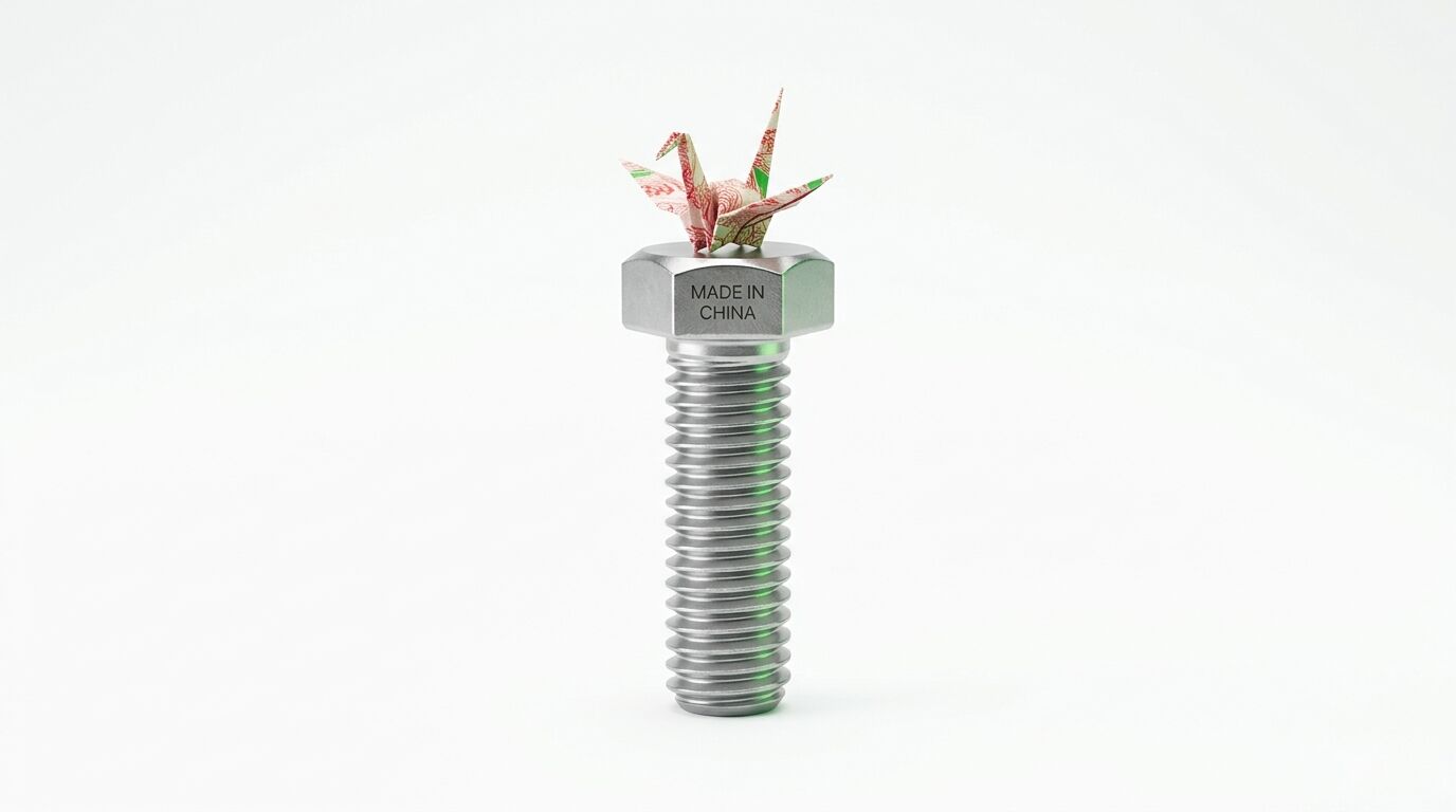 Metallschraube mit Prägung „MADE IN CHINA“ und Origami-Kranich aus Geldschein oben