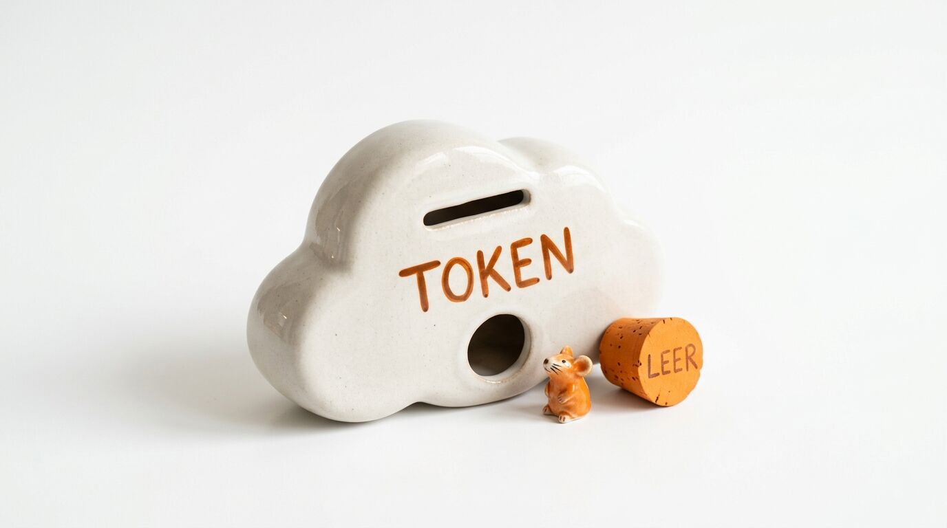 Keramikspardose als Wolke mit Aufschrift TOKEN, daneben kleine Mausfigur und Korken