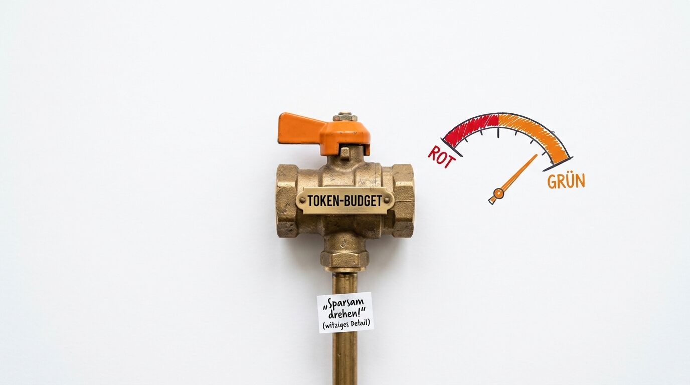 Ein Messingventil mit Schild „TOKEN-BUDGET“ und daneben eine Farbskala von rot nach grün