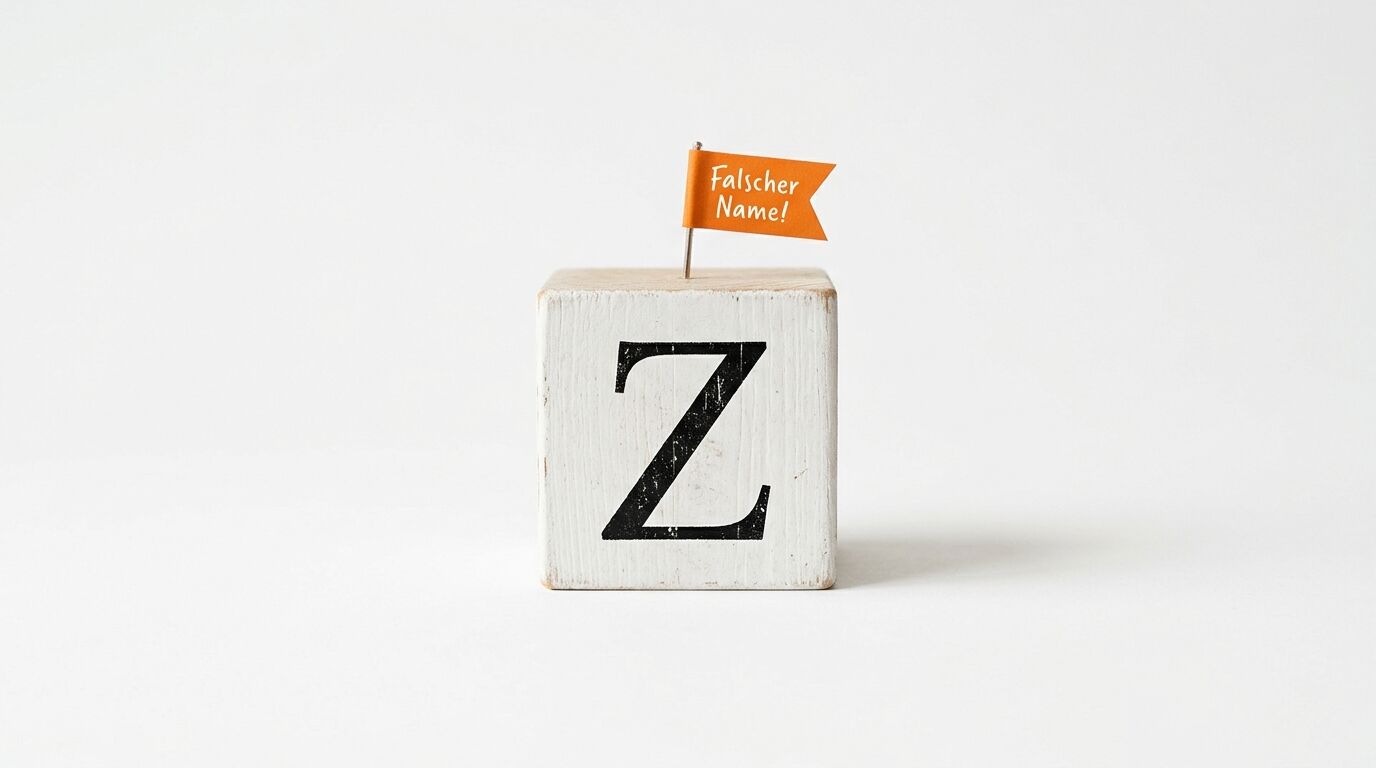 Weißer Holzblock mit schwarzem „Z“ und orangefarbener Fahne mit Aufschrift „Falscher Name!“