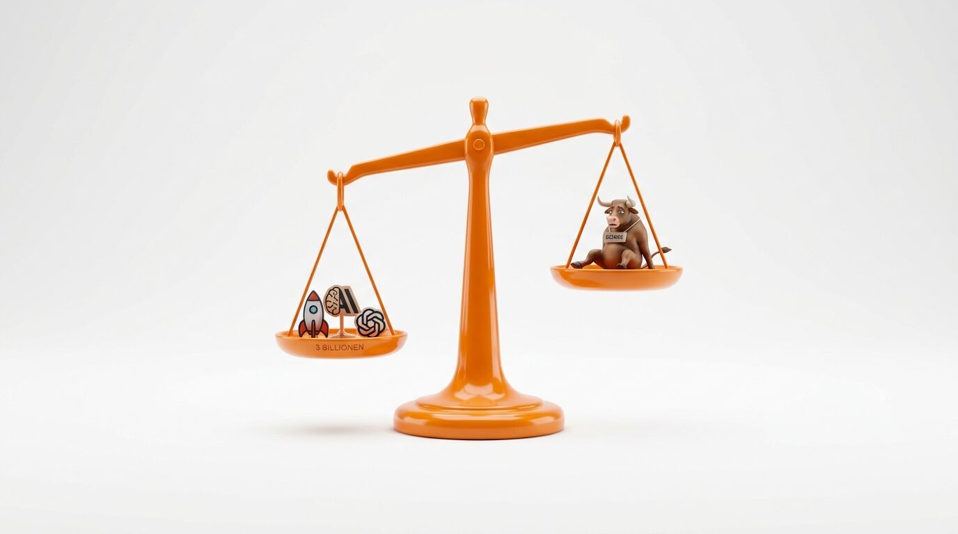 Orange Waage: links AI-Icons & „3 BILLIONEN“ tiefer, rechts sitzender Stier höher