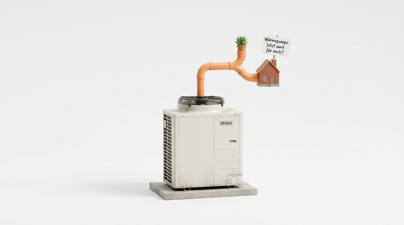 Wärmepumpe mit orangefarbenem Rohr, das zu einem Miniaturhaus mit einem Schild führt