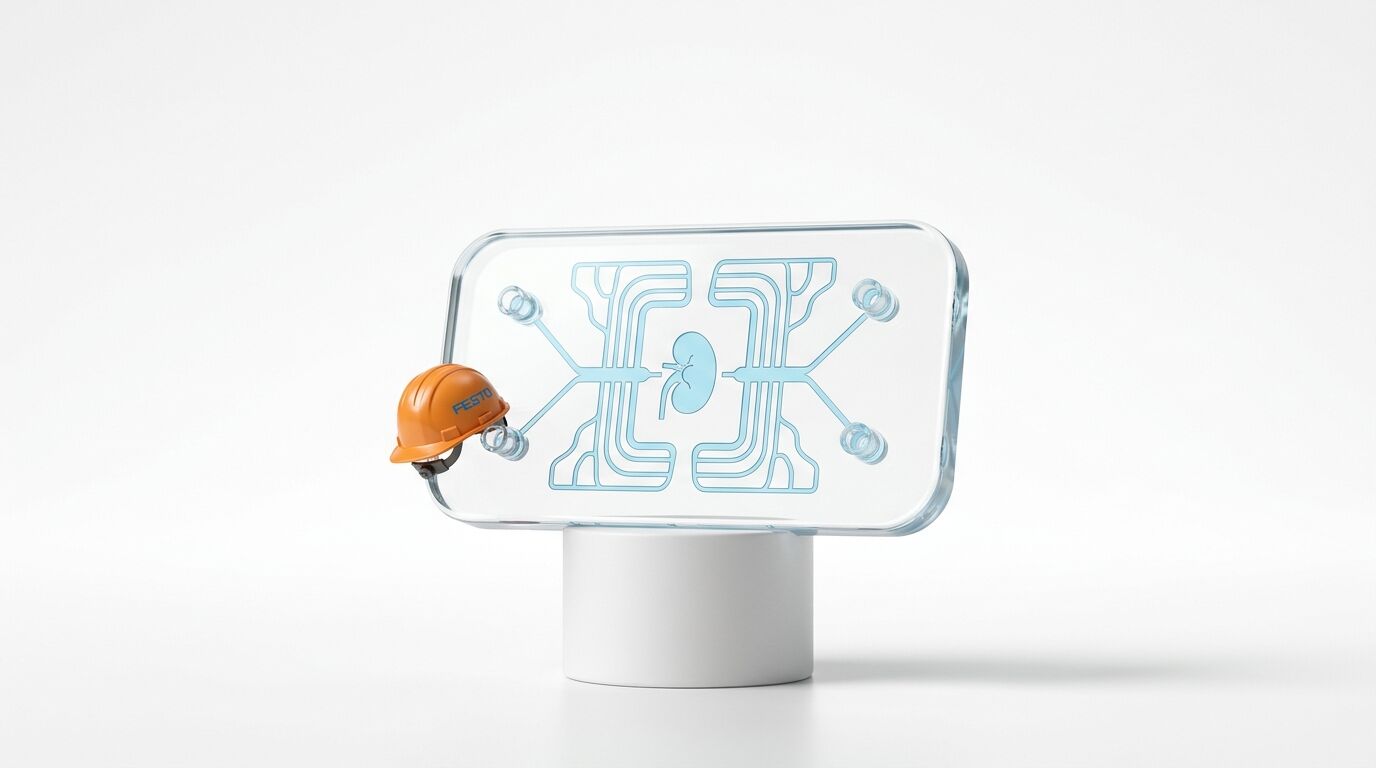 Ein transparenter Träger mit einem Nierenmodell und ein Helm auf einem Sockel