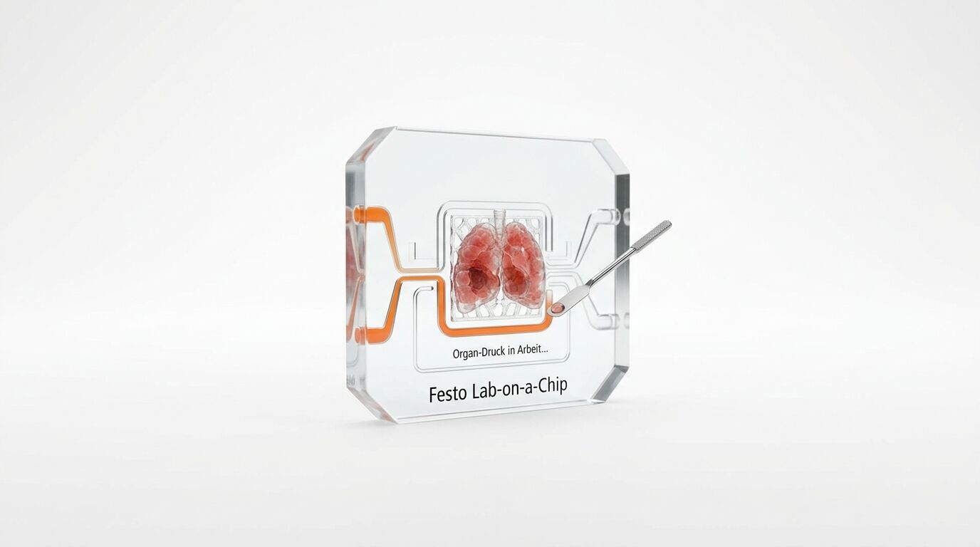 Festo Lab-on-a-Chip mit gedrucktem Organ und Skalpell auf weißem Grund