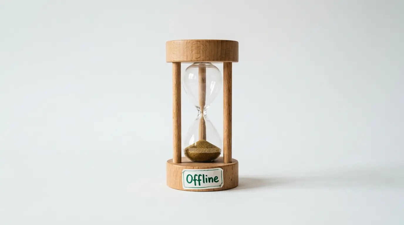 Eine Sanduhr mit Holzrahmen, weißem Hintergrund und Aufkleber „Offline“