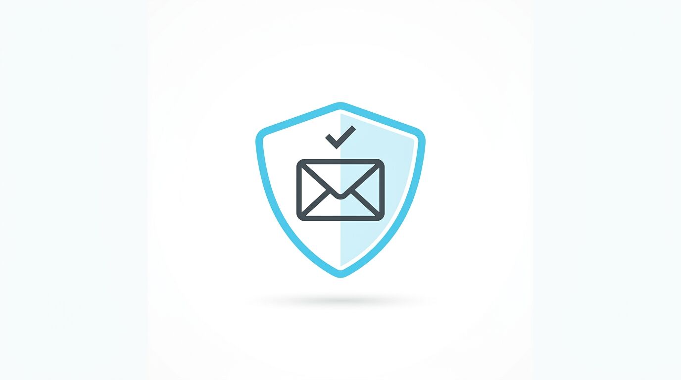 Ein blaues Schild-Icon mit Briefumschlag und Haken