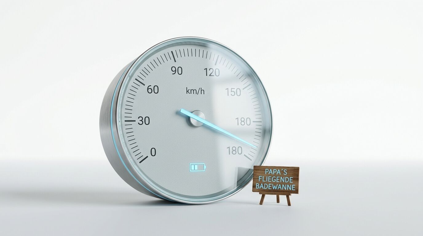 Tachometer auf 170 km/h mit Schild „PAPA´S FLIEGENDE BADEWANNE“