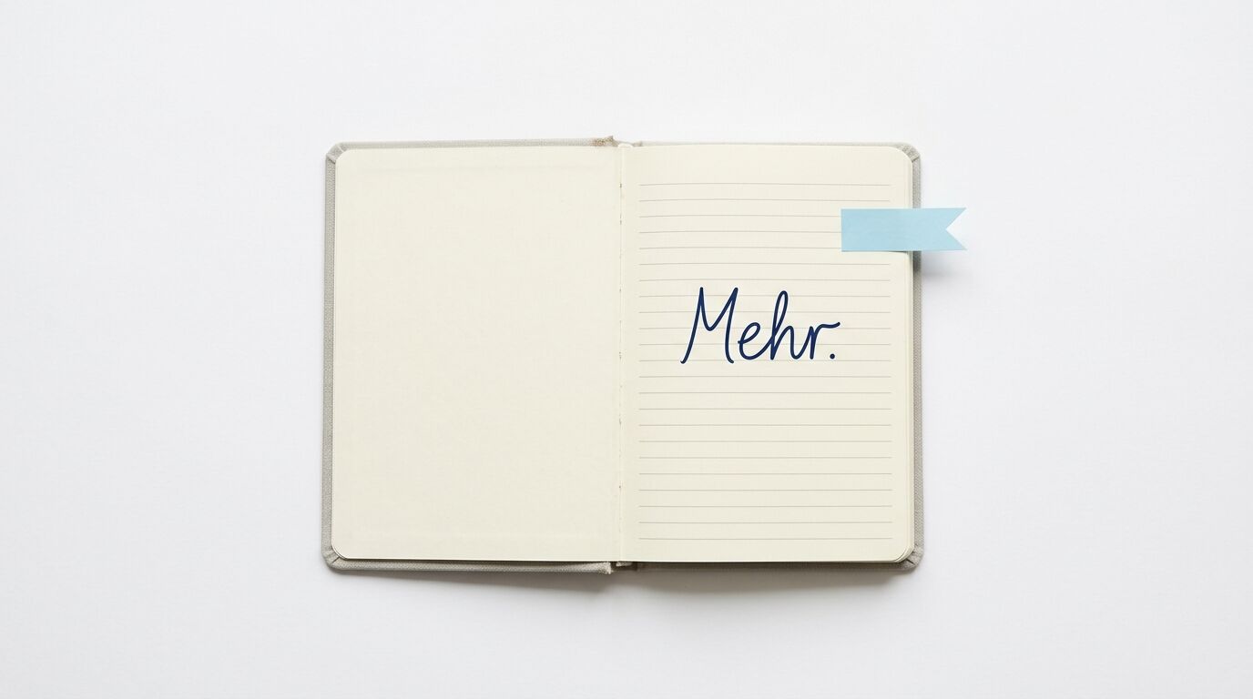 Aufgeschlagenes Notizbuch mit dem handgeschriebenen Wort „Mehr.“ und einem blauen Lesezeichen