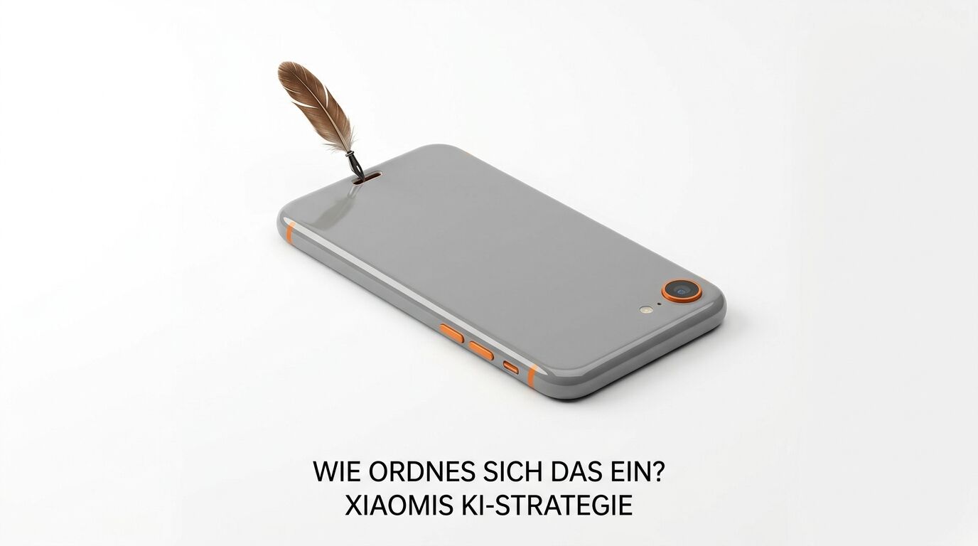 Graues Handy mit Schreibfeder und deutschem Text über Xiaomis KI-Strategie auf weißem Grund