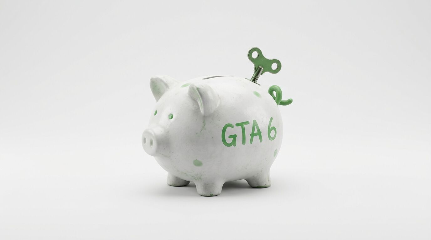 Altes Sparschwein mit der Aufschrift GTA 6 und Aufziehschlüssel