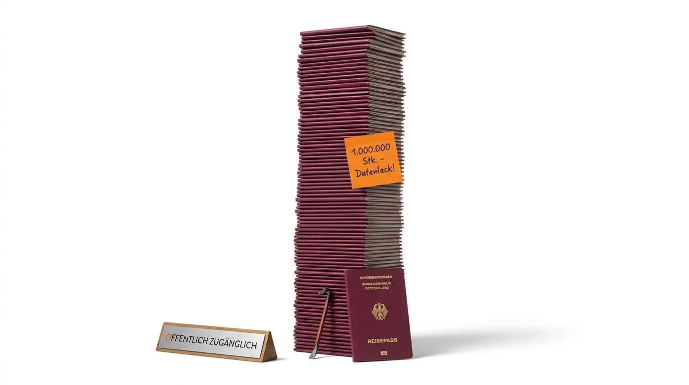 Pässeturm mit „Datenleck“-Notiz, offenem Pass, Brecheisen und Schild „Öffentlich Zugänglich“