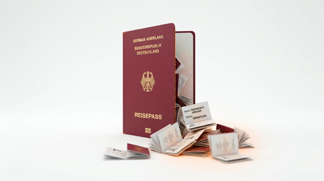 Geöffneter Reisepass, aus dem kleine Dokumente quellen, auf weißem Hintergrund