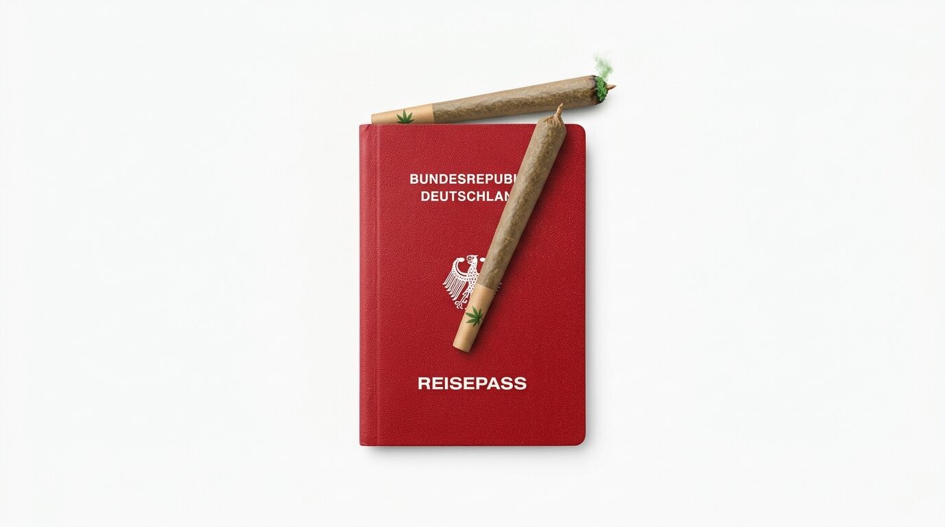 Zwei Cannabis-Joints liegen auf einem roten deutschen Reisepass vor weißem Hintergrund