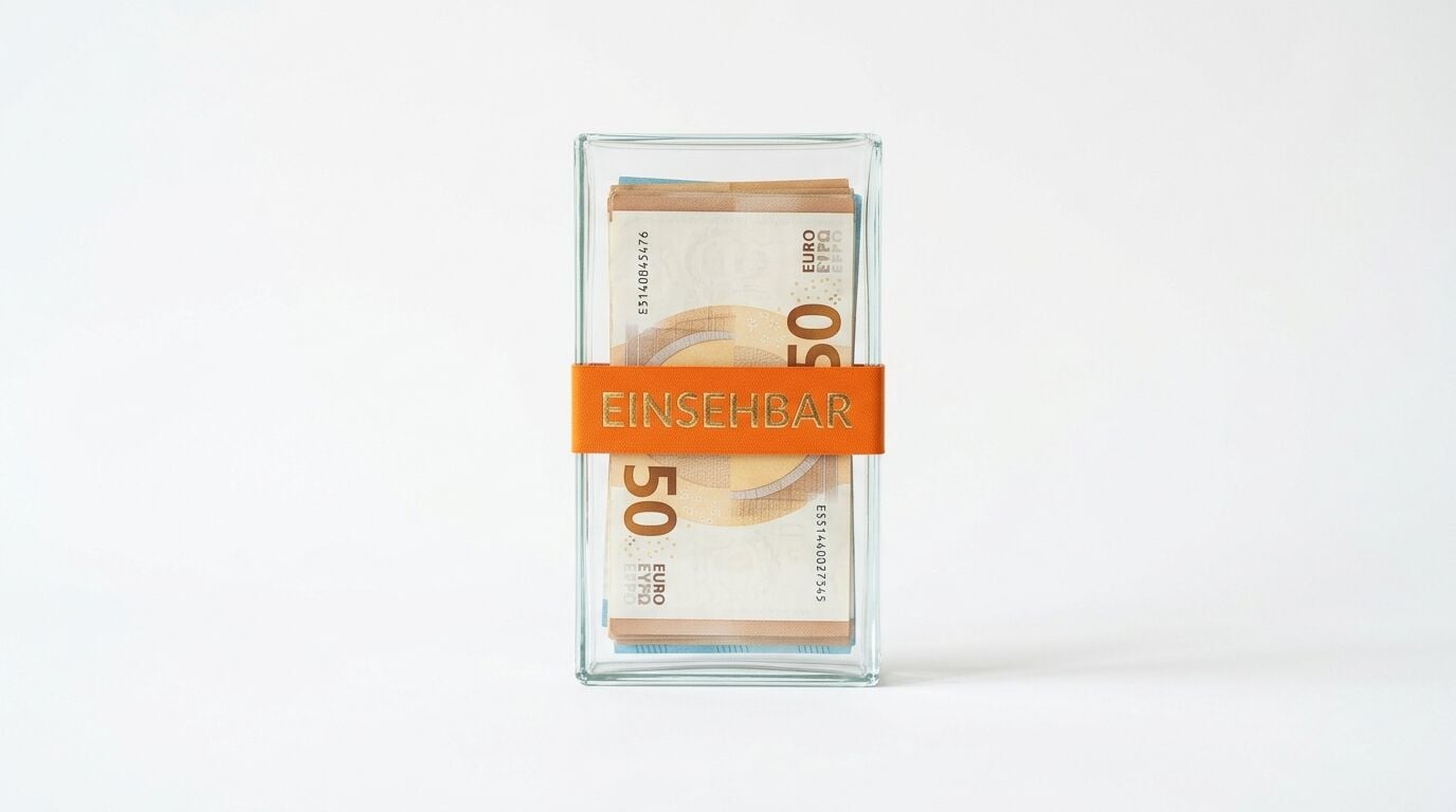 Ein Glasquader mit 50-Euro-Geldscheinen und orangefarbenem Gummiband mit Aufschrift „EINSEHBAR“ vor weißem Hintergrund