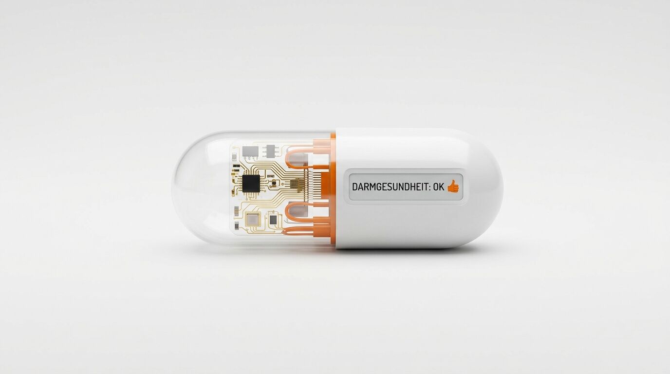 Smarte Kapsel mit Elektronik und Textfeld „DARMGESUNDHEIT: OK“ und Daumen hoch