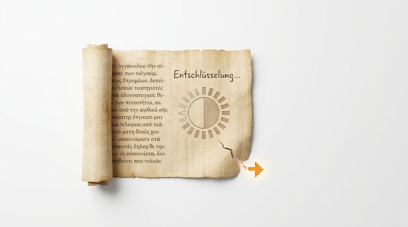 Altes Pergament mit fremdem Text, Symbol, Wort „Entschlüsselung...“ und leuchtendem Pfeil