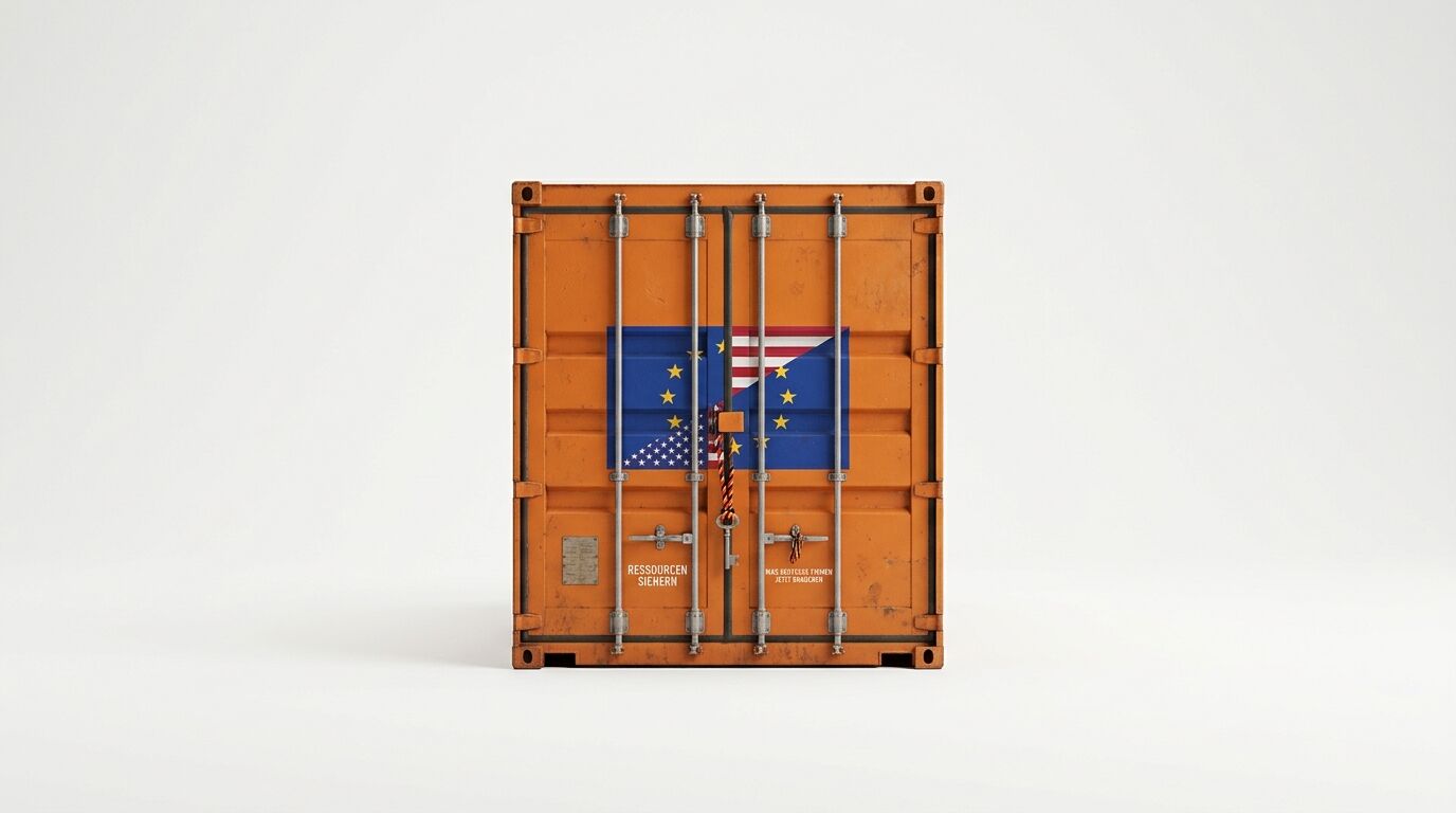 Ein oranger Frachtcontainer mit vereinter EU- und US-Flagge vor weißem Hintergrund