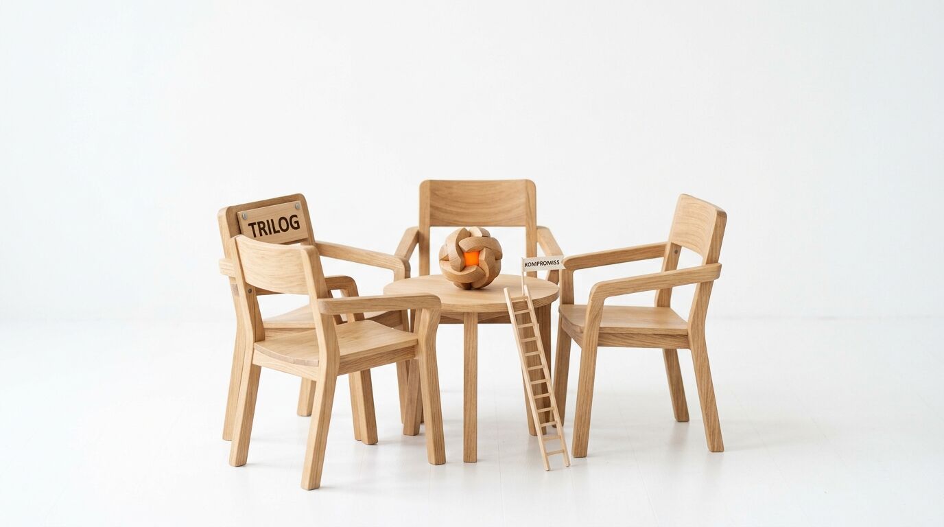 Drei Stühle, Tisch mit Holzknoten, Leiter und Schildern „TRILOG“ und „KOMPROMISS“ auf weißem Grund