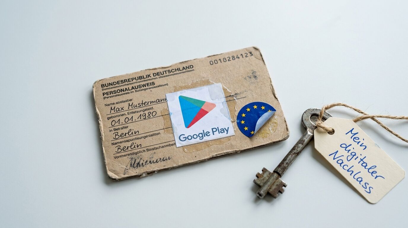 Ausweisattrappe mit Google-Play-Logo neben Schlüssel mit Anhänger „Mein digitaler Nachlass“