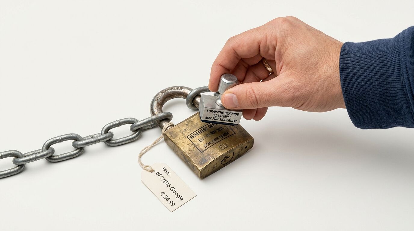 Eine Hand stempelt ein Vorhängeschloss mit Preisschild, das an einer Kette befestigt ist