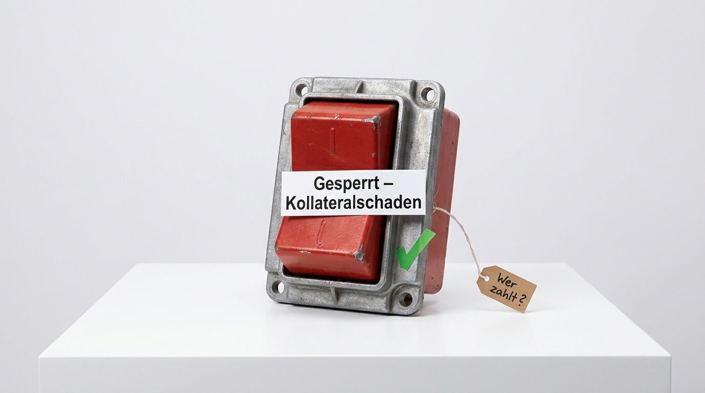 Roter Industrieschalter mit „Gesperrt“-Schild, Haken und Preisschild „Wer zahlt?“
