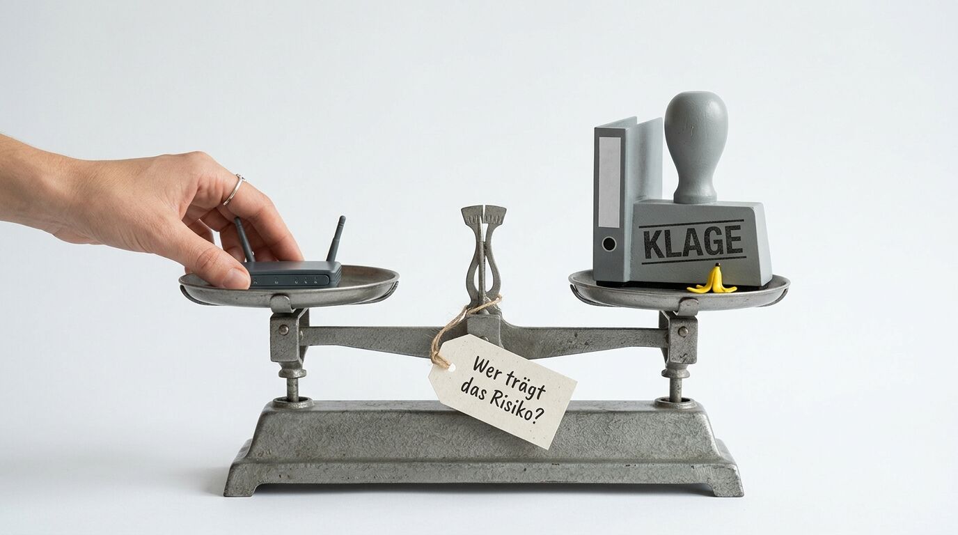 Waage mit Router und Ordner, dazu Zettel:
