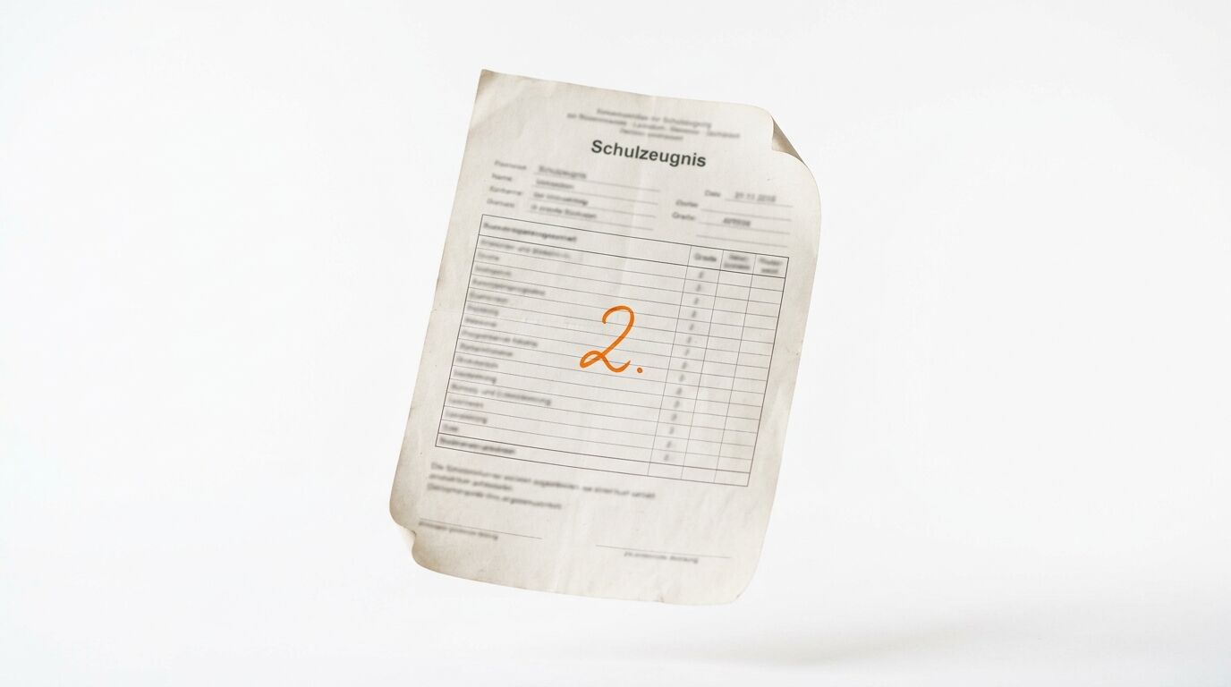 Schulzeugnis mit einer orangefarbenen, handschriftlichen „2“ auf weißem Grund