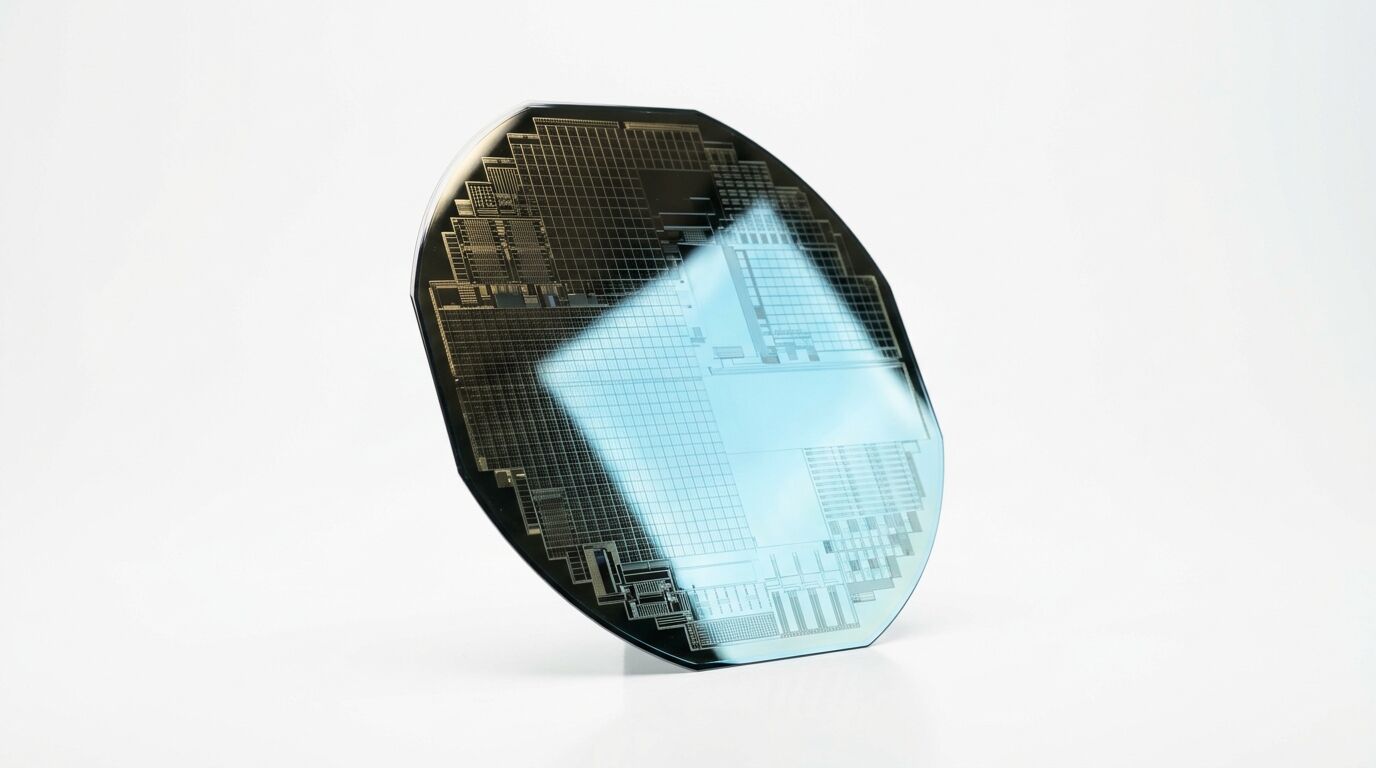 Ein aufrechter Silizium-Wafer mit feiner Mikrostrukturierung auf weißem Grund
