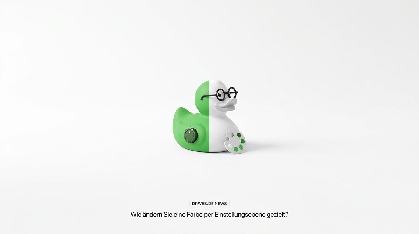 Gestreifte Badeente mit Brille, Knopf und Palette vor weißem Hintergrund und deutscher Überschrift