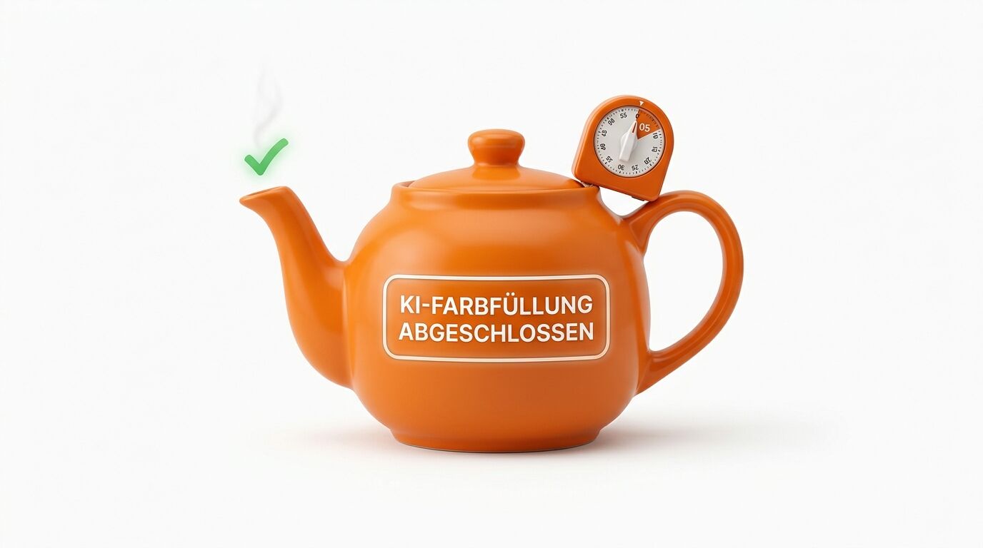 Oranges Kännchen mit Timer, Haken am Ausguss und Schriftzug zur KI-Farbfüllung