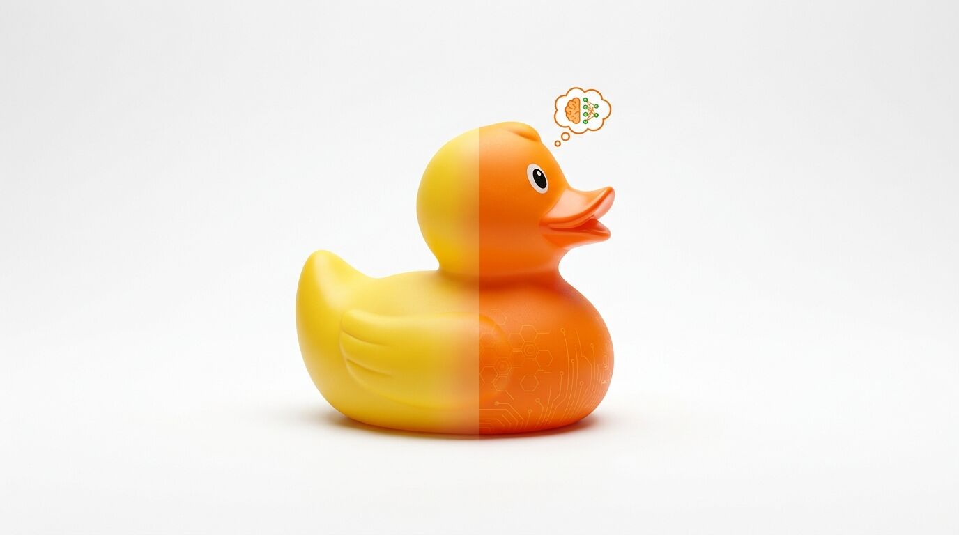Badeente, halb gelb, halb orange mit Schaltkreisen, Sprechblase zeigt Gehirn und Netzwerk