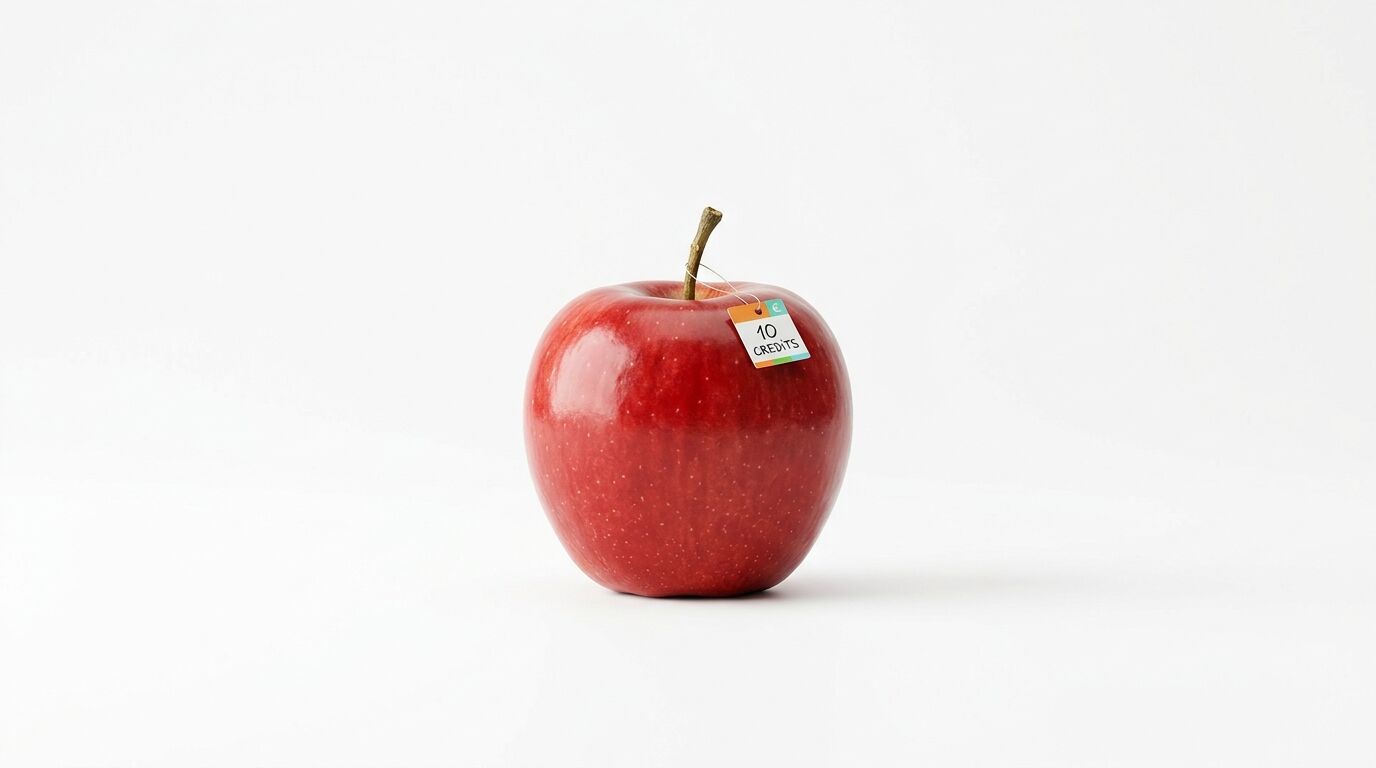 Ein roter Apfel mit einem Etikett, auf dem „10 CREDITS“ steht, auf weißem Hintergrund