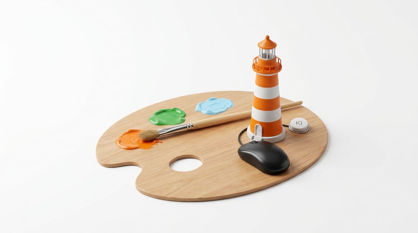 Malpalette mit Leuchtturm, Pinsel, Maus, „KI“-Knopf auf Weiß