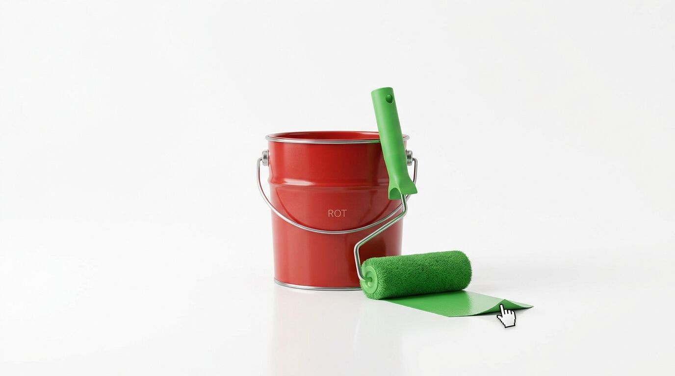 Roter Farbeimer mit Aufschrift „ROT“, grüne Farbwalze und grüne Farbspur auf weißem Grund