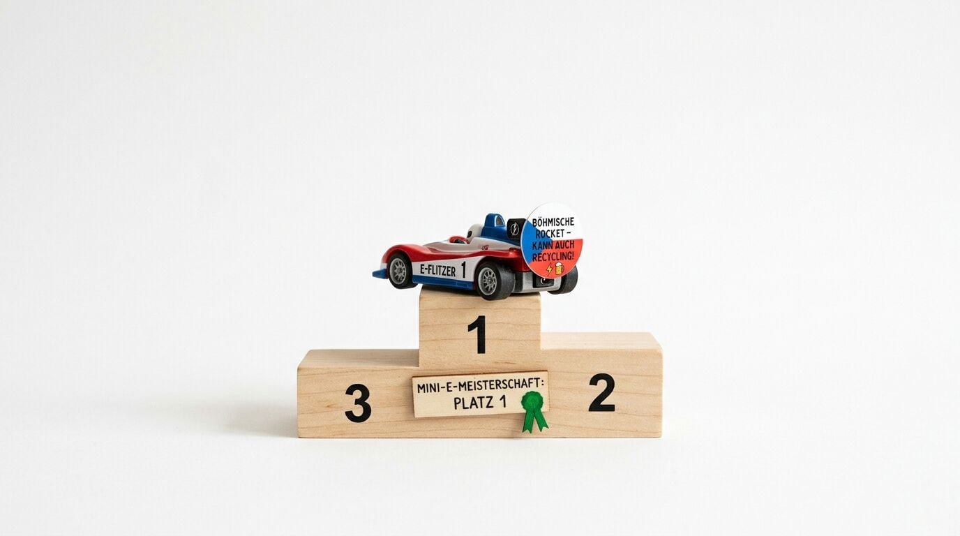 Ein Spielzeug-Rennwagen steht auf der höchsten Stufe eines Holzpodiums