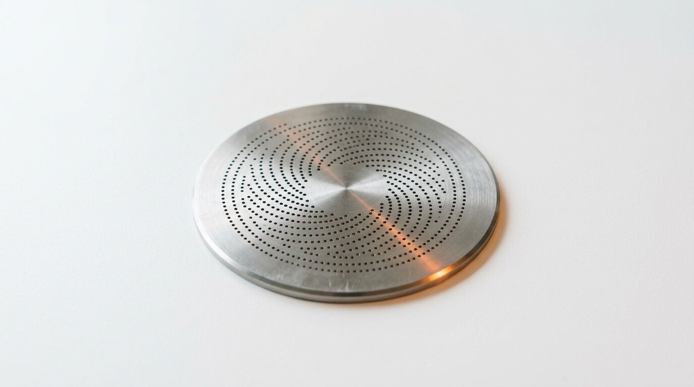 Runde Metallscheibe mit spiralförmigem Lochmuster auf weißem Grund