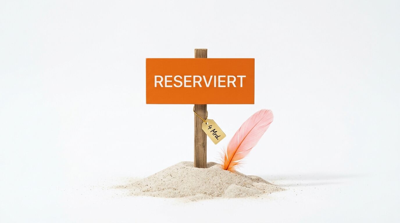 Holzschild im Sand, orangefarbene Fläche mit „RESERVIERT“-Aufschrift, goldener Anhänger „4 Mrd.“ und rosa Feder davor