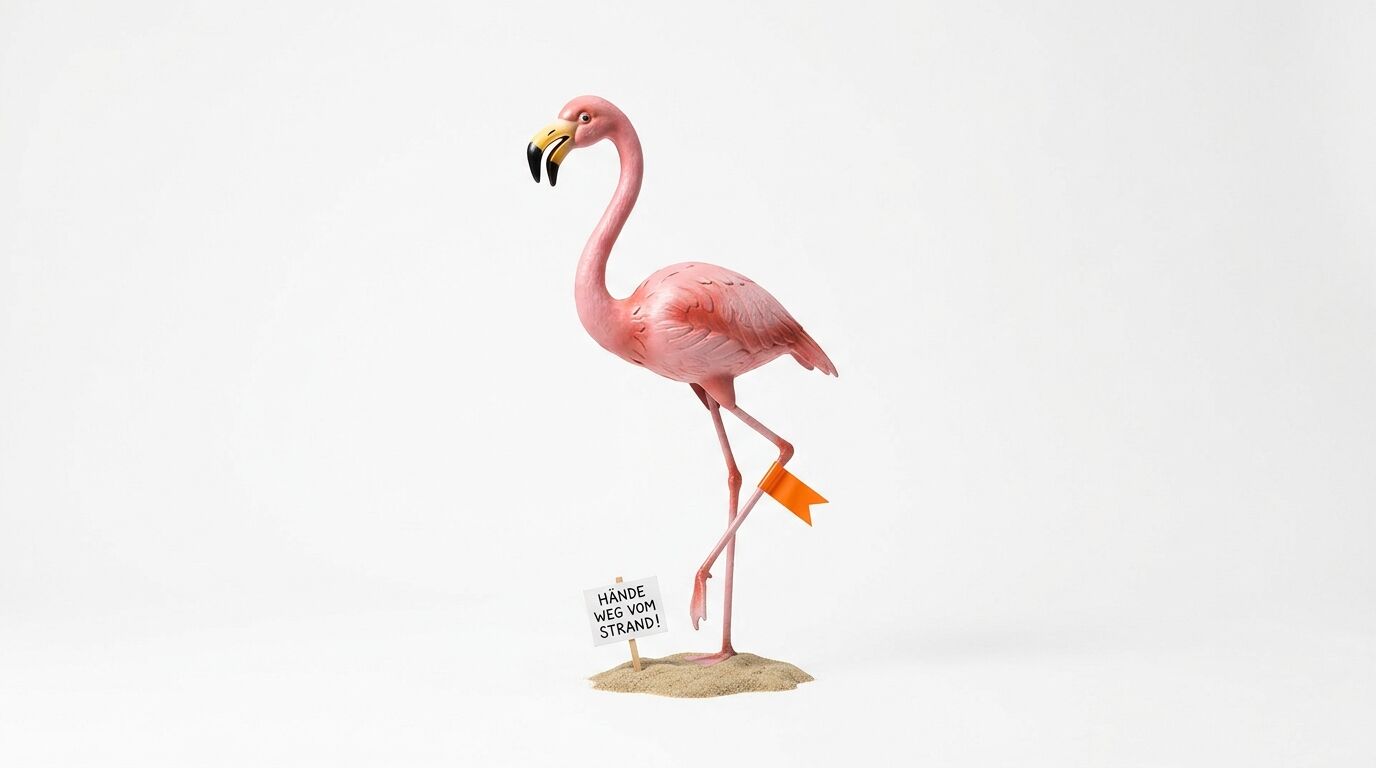 Pinkfarbener Flamingo im Sand auf weißem Grund mit einem Schild „HÄNDE WEG VOM STRAND!“