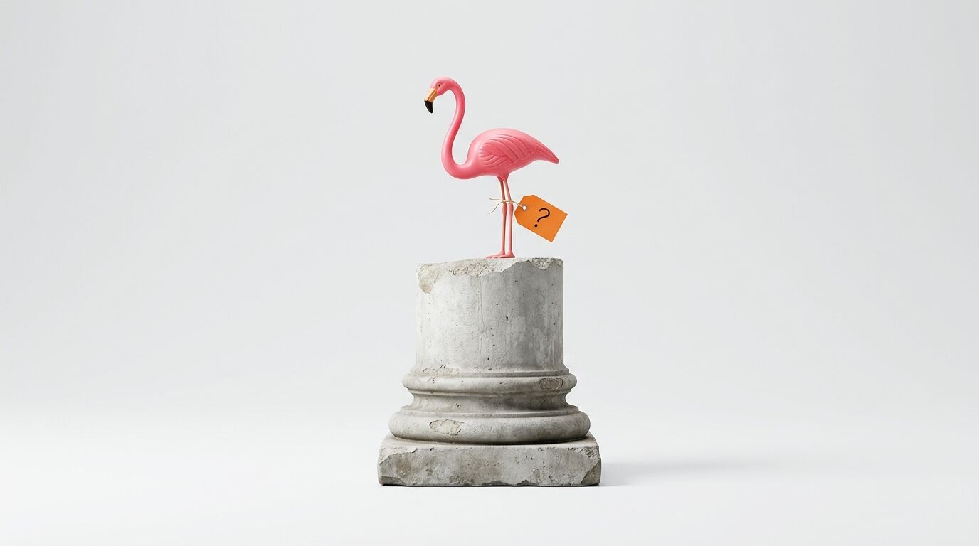 Ein rosa Plastik-Flamingo mit Fragezeichen-Anhänger am Bein auf einem Beton-Säulenstumpf