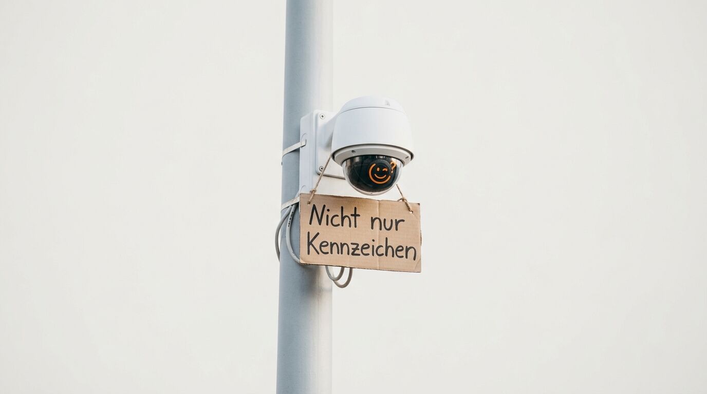 Überwachungskamera mit Smiley und Schild „Nicht nur Kennzeichen“ an einem Mast