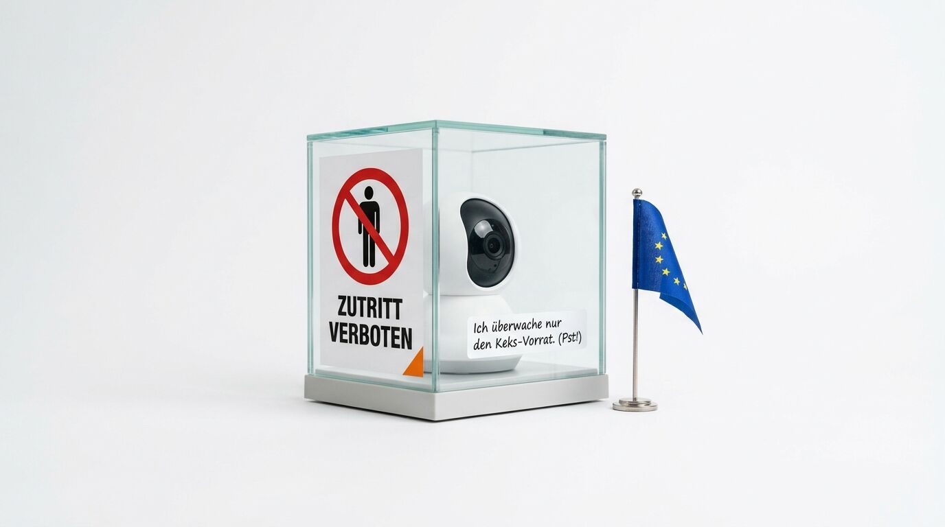 Überwachungskamera unter Glasglocke mit Verbotsschild und EU-Fahne vor weißem Hintergrund
