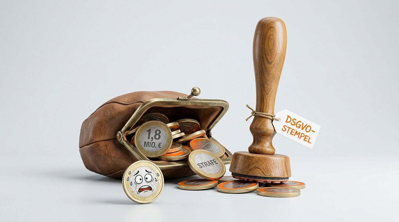 Portemonnaie mit Euro-Münzen, daneben ein Holzstempel mit einem Schild „DSGVO-STEMPEL“