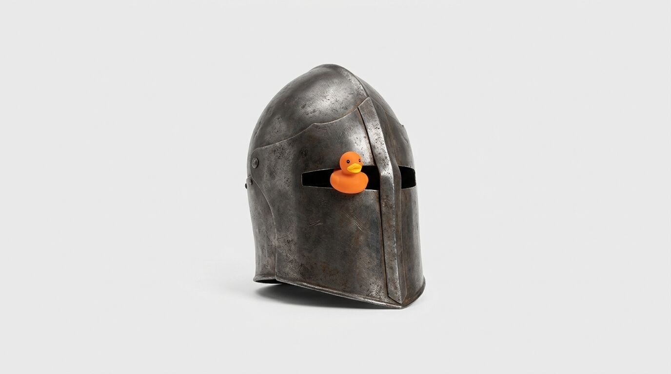 Stahlhelm mit Gummiente im Augenschlitz vor weißem Hintergrund